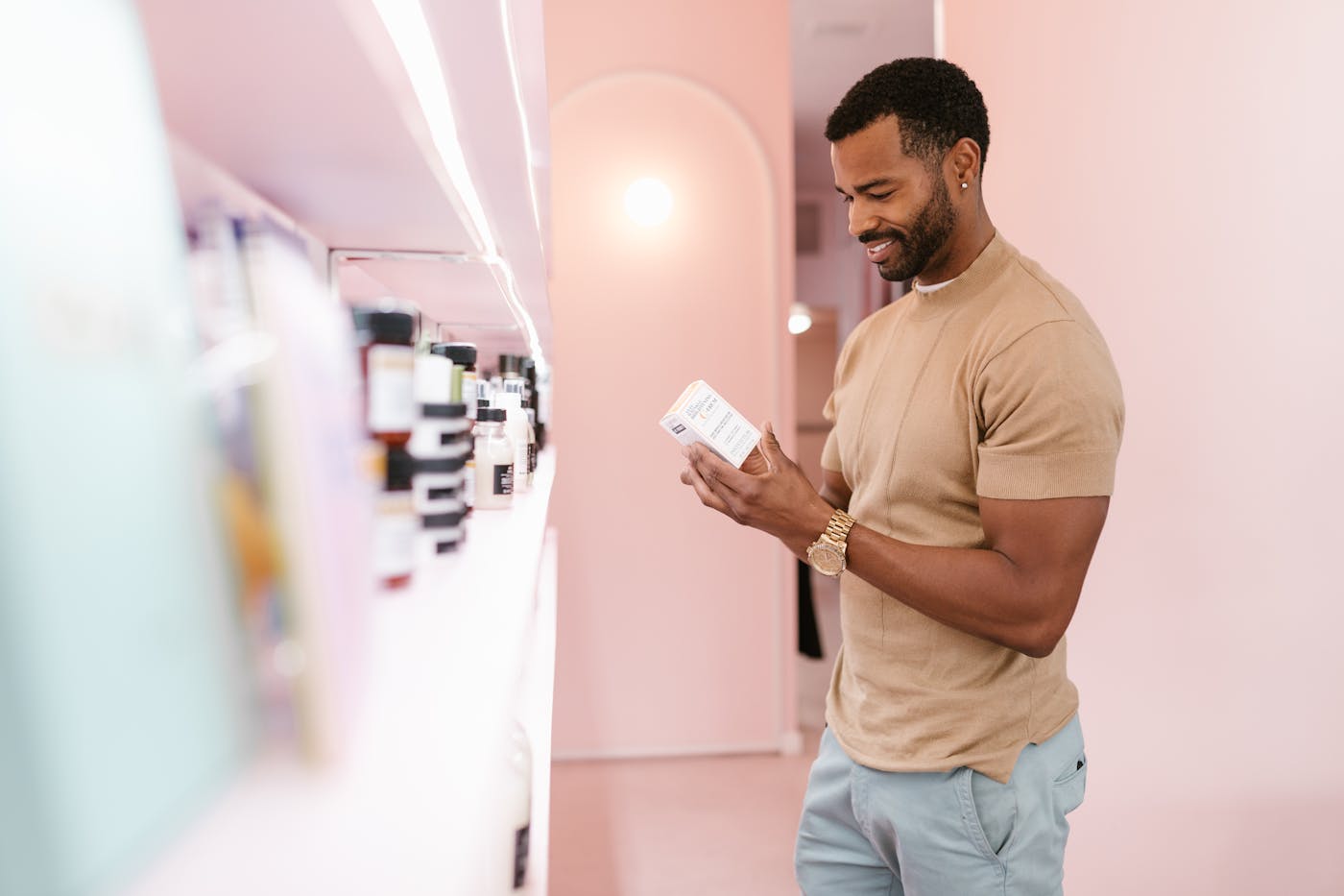 A shopper checks skincare labels, a useful reminder that Olive Young rewards careful comparison more than impulse buying.