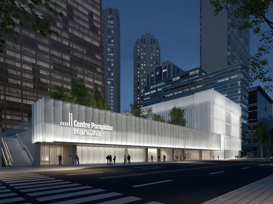 A closer night rendering of the Centre Pompidou Hanwha Seoul facade and entrance along a Yeouido street.