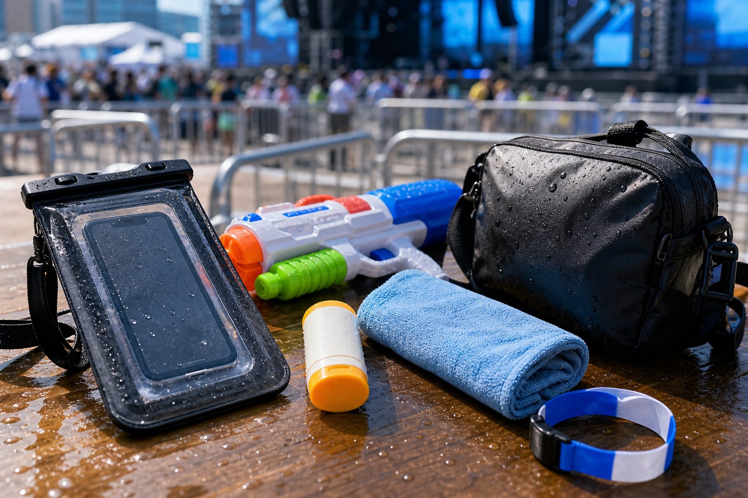 Waterbomb-style festival essentials including a waterproof phone pouch, water gun, small towel, sunscreen stick, and dry bag.