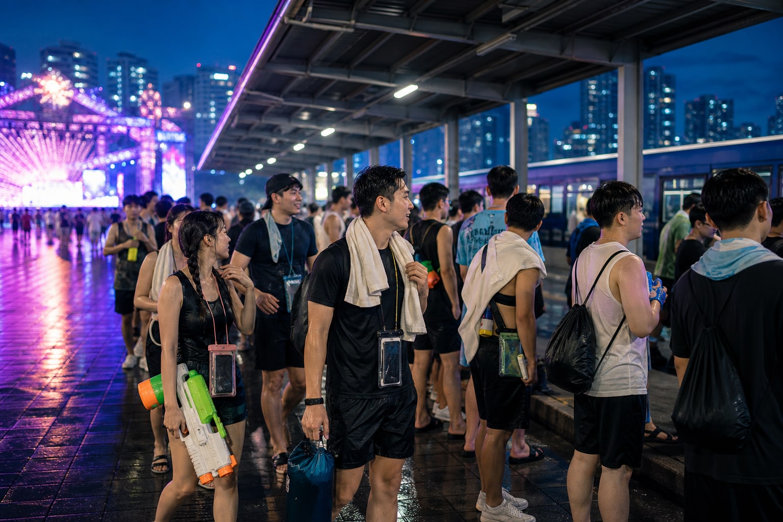 Wet festivalgoers with towels, dry bags, and waterproof phone pouches waiting near a Seoul-style transit area after a water music festival.