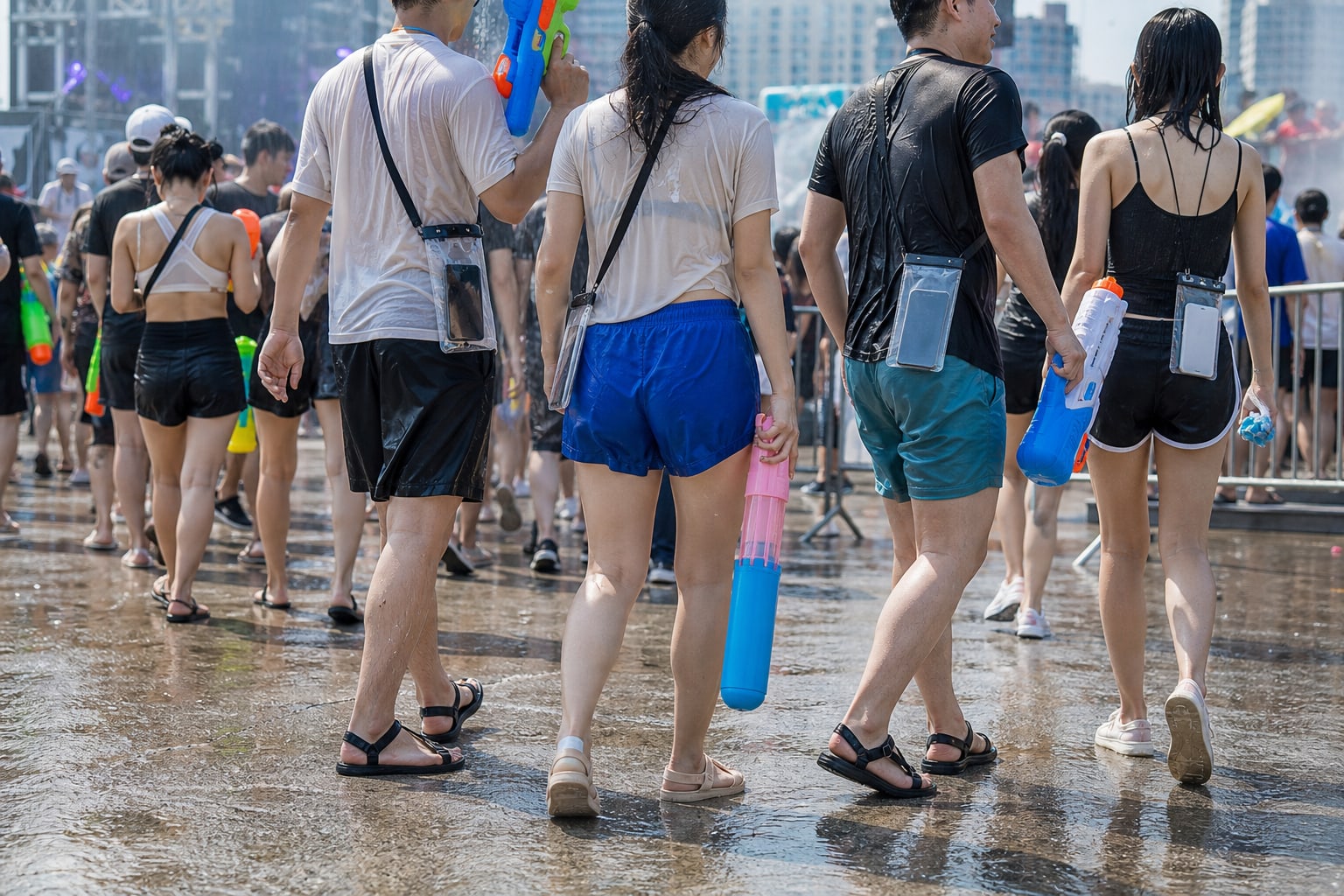 Wet festivalgoers carrying water guns and waterproof phone pouches while wearing quick-dry clothes and water-friendly shoes.
