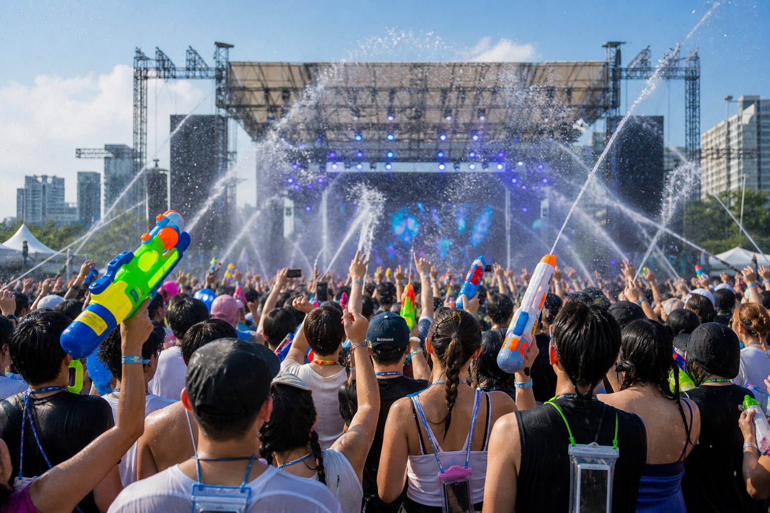 A Seoul-style summer water music festival crowd with water cannons, water guns, and a large outdoor stage.