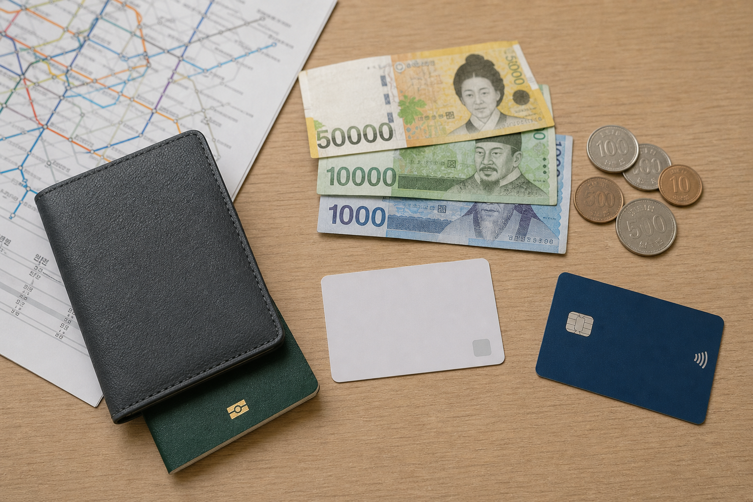 Korean won cash, a blank transit card, a credit card, passport, wallet, and Seoul subway map arranged for a Korea payment setup.