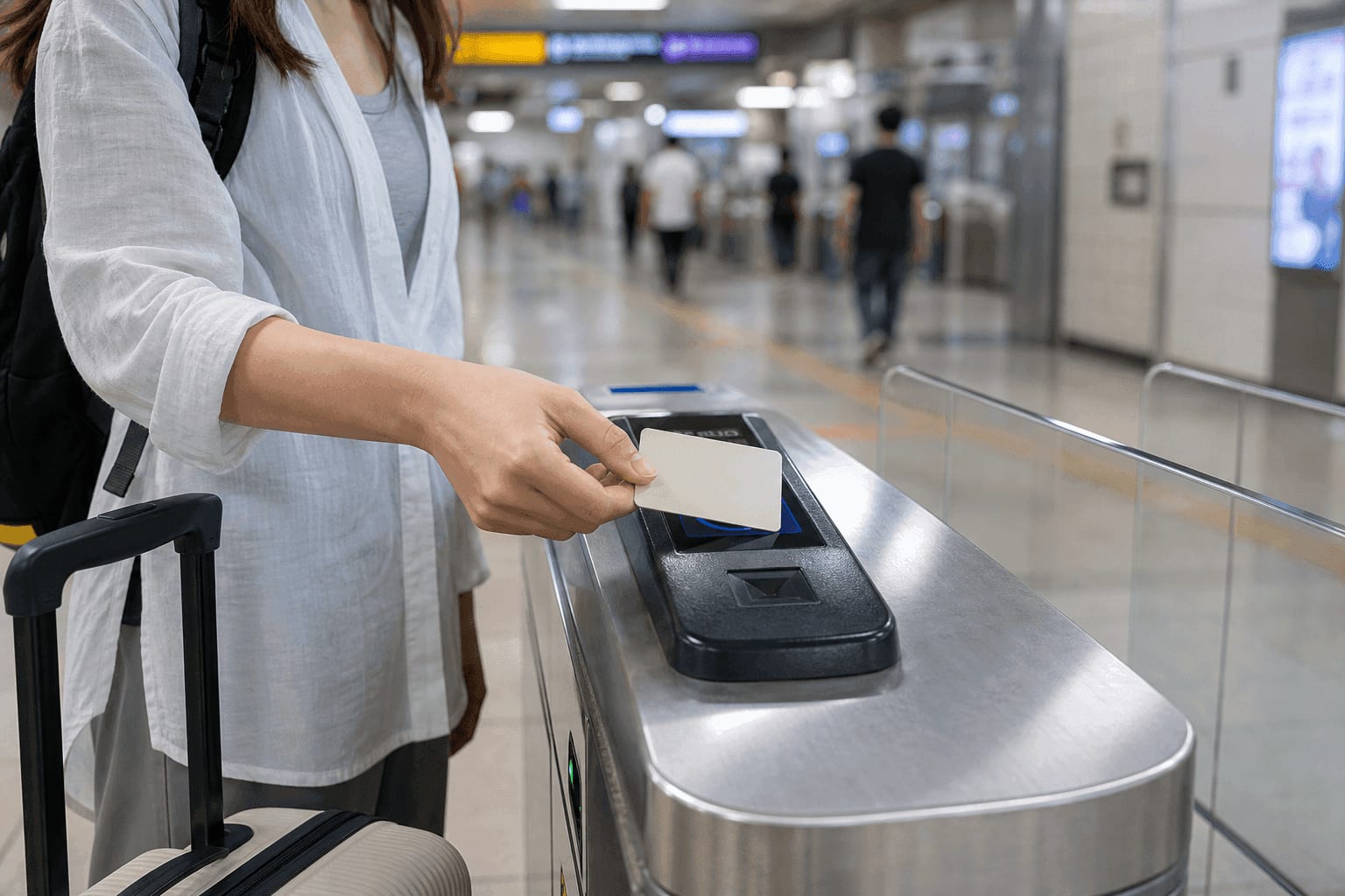 A traveller with a suitcase tapping a white transportation card on the reader of a Seoul subway gate.