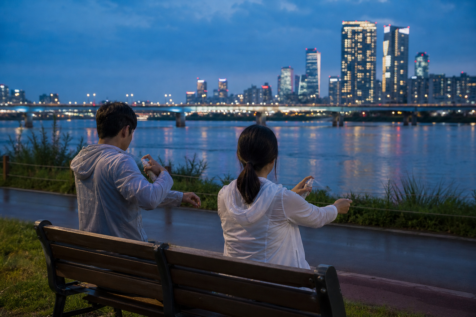 Travelers using repellent near the Han River during a humid Seoul evening.