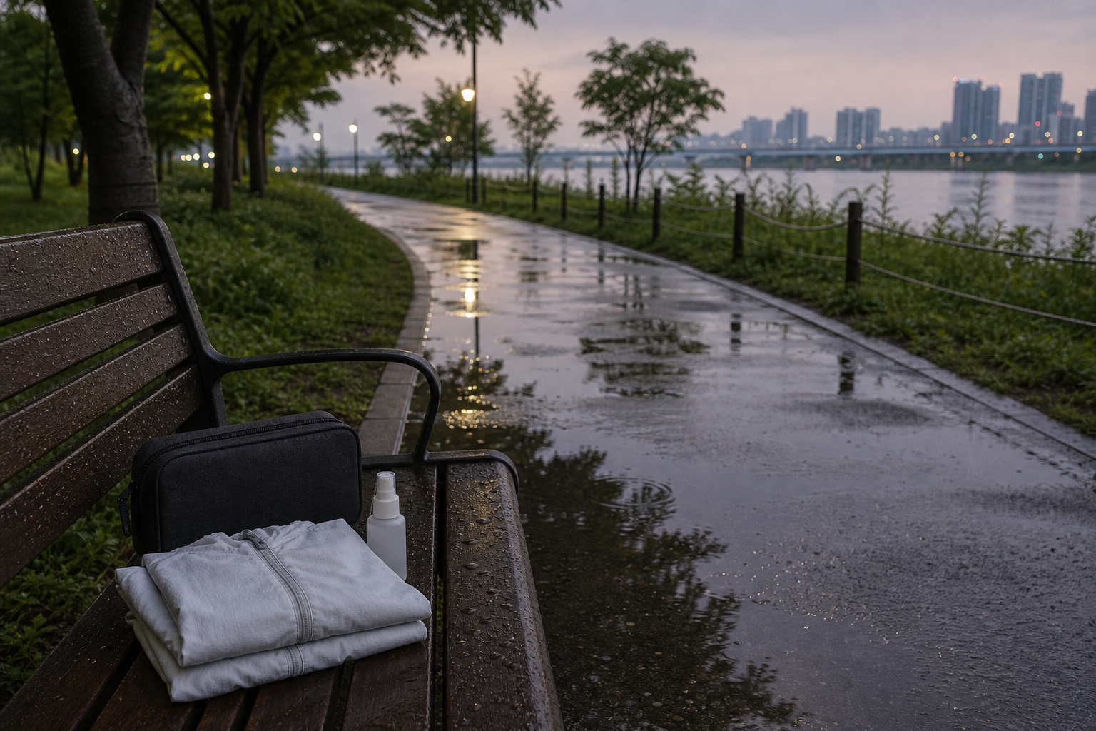A wet Han River park path after rain with a bench holding a light shirt, pouch, and unlabeled repellent bottle.
