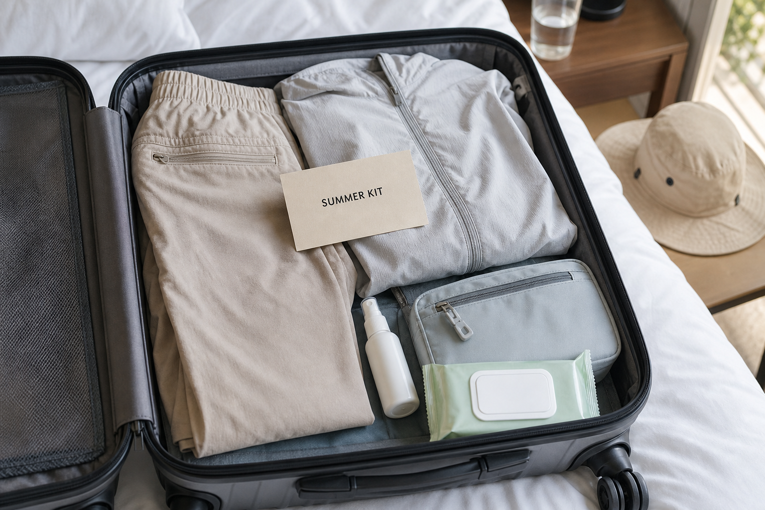 A Korea summer travel kit packed with light long sleeves, wipes, pouch, and an unlabeled repellent bottle.