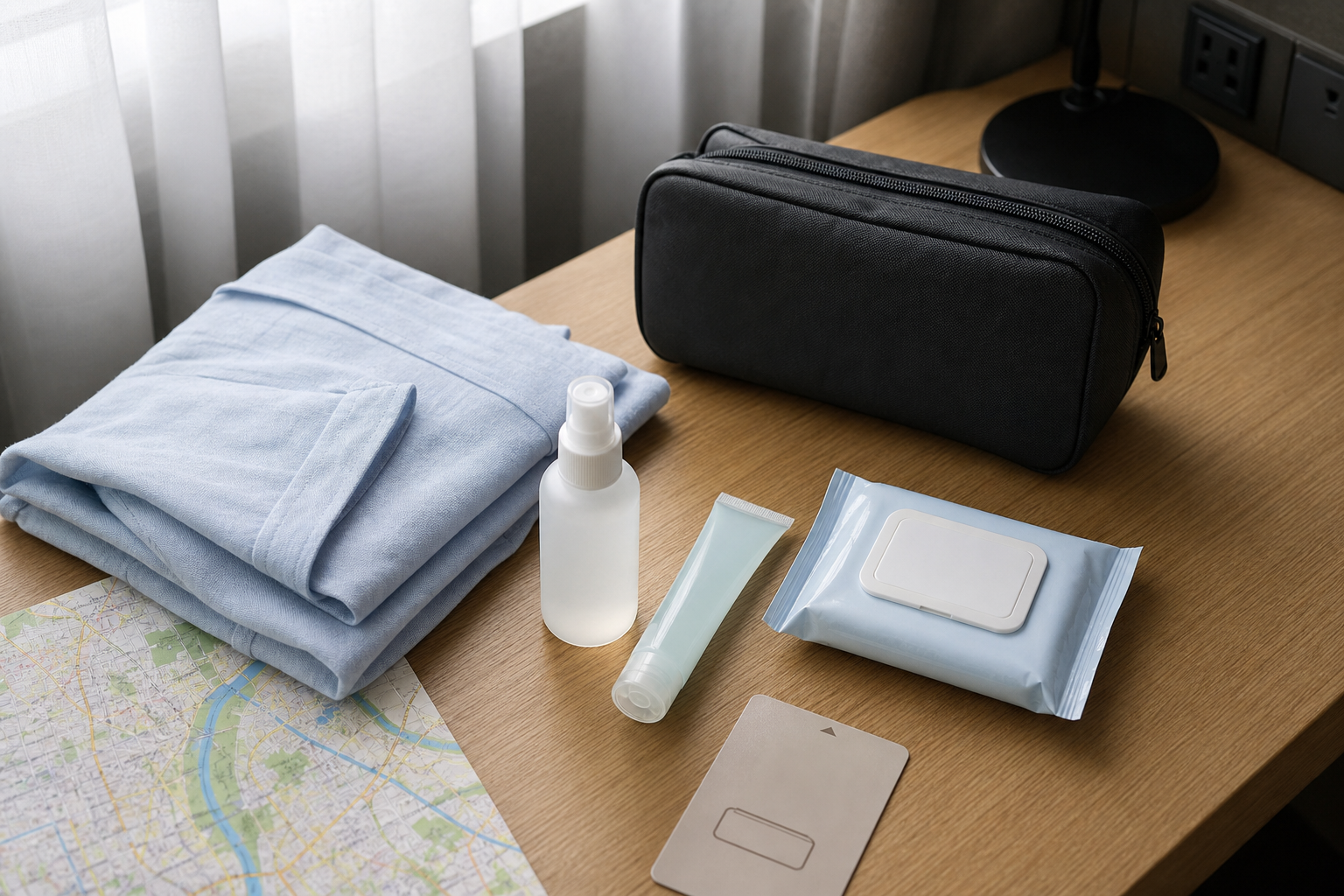 Travel mosquito-prevention items arranged on a hotel desk with light clothing and a small pouch.