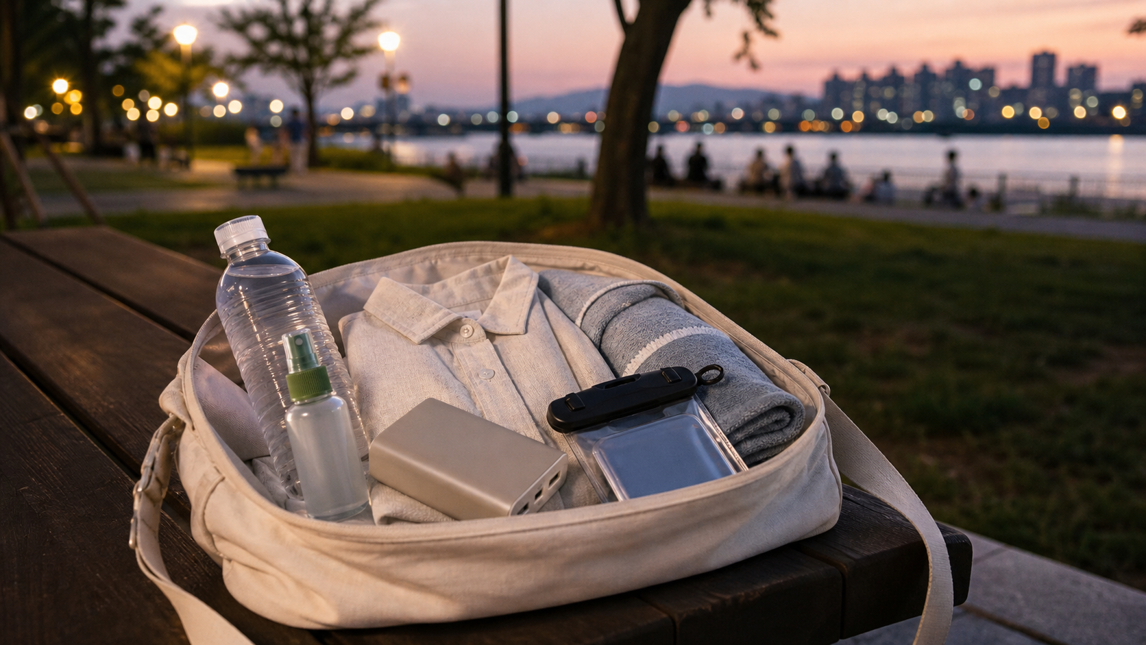 A Seoul riverside evening kit with repellent, light overshirt, pouch, towel, water bottle, and power bank.