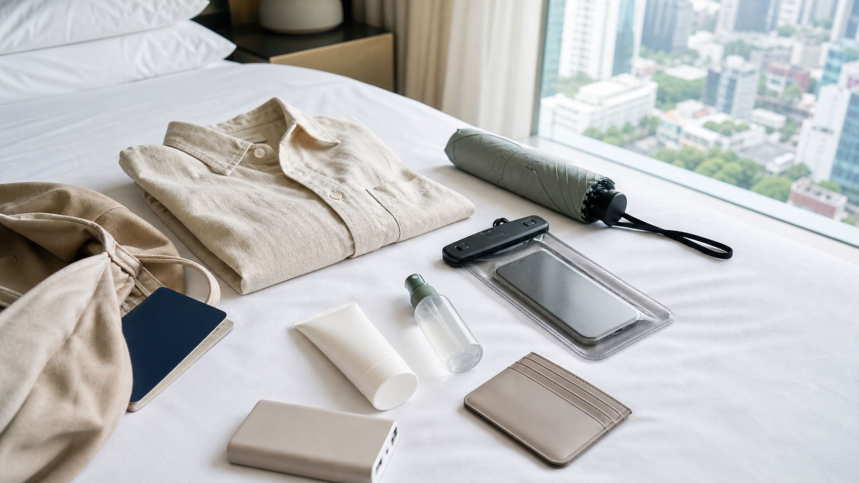 A Korea summer travel packing layout with umbrella, waterproof phone pouch, sunscreen, repellent, power bank, card pouch, and light clothing.