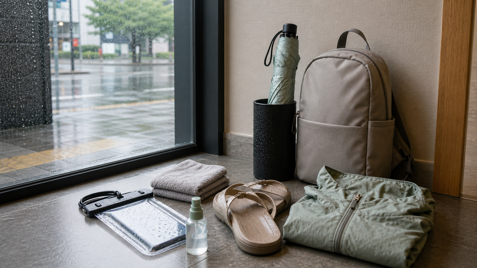 A rainy-season Korea doorway kit with umbrella, waterproof pouch, sandals, towel, repellent, and day bag.