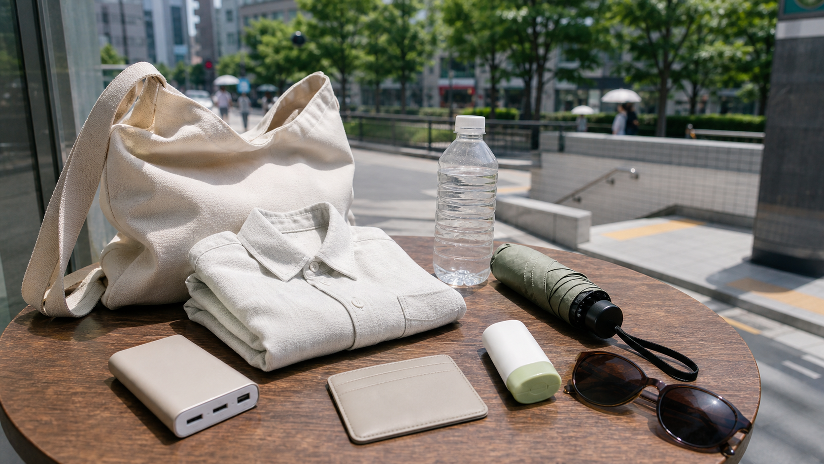 A Seoul summer day bag with water, umbrella, light shirt, sunglasses, power bank, card pouch, and sunscreen.