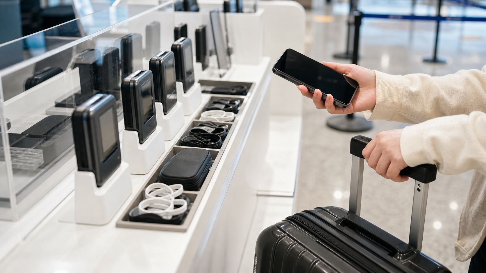 Pocket WiFi rental-style devices and travel cables at an airport counter with no visible branding.