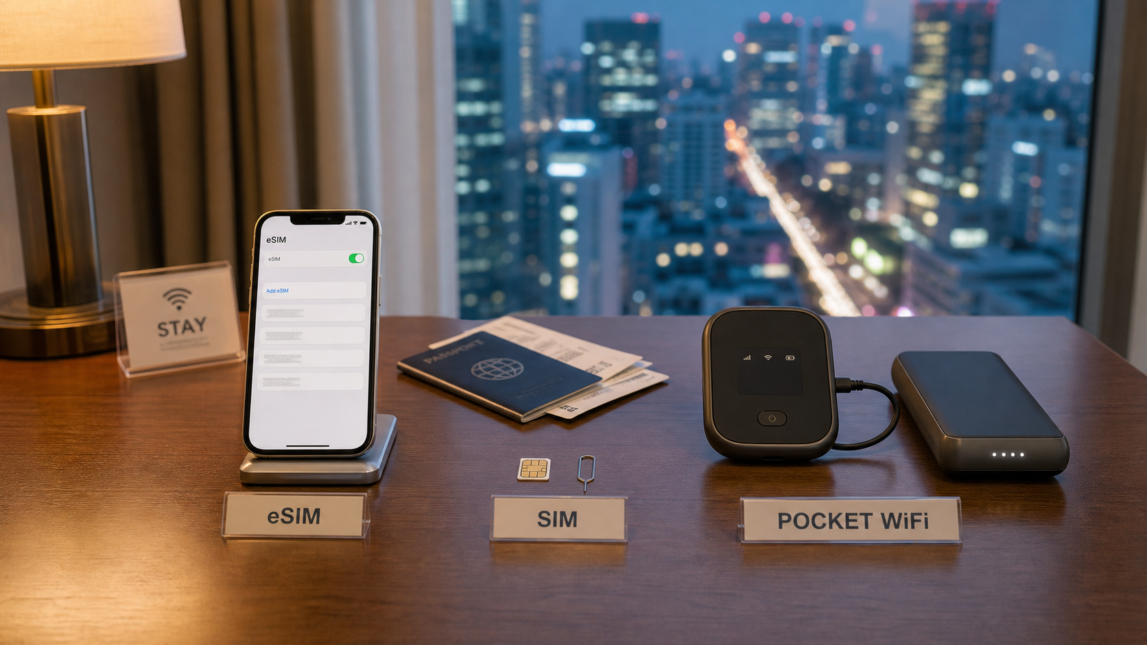 A hotel desk comparing eSIM, physical SIM, and pocket WiFi with Seoul lights in the background.