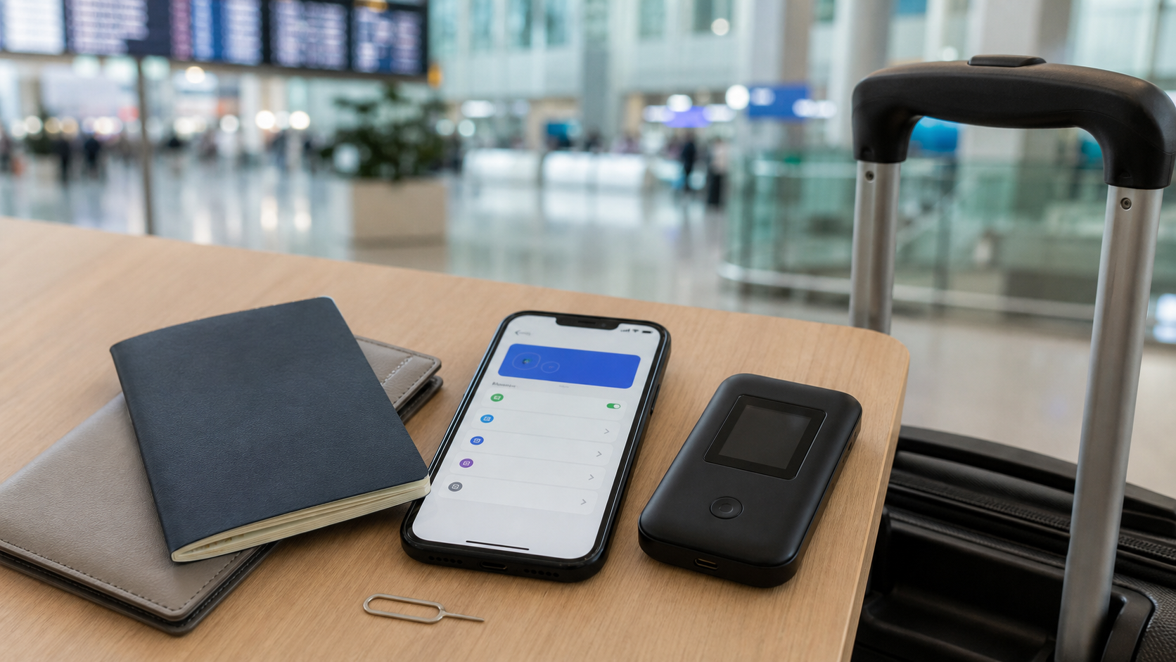 A smartphone, SIM tool, passport, and pocket WiFi device arranged at an airport arrivals table.