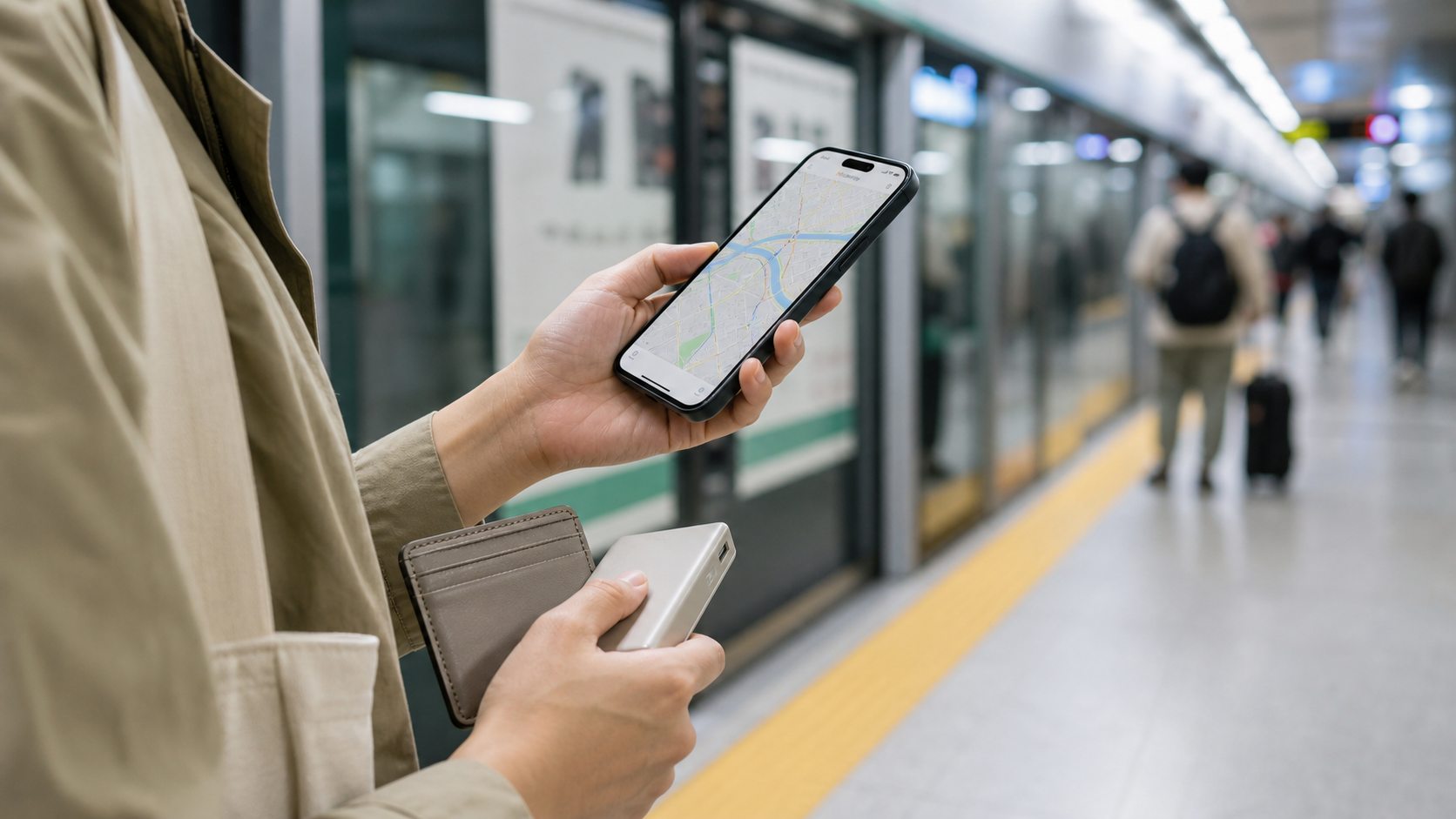 A traveler checks phone navigation with a power bank and card pouch on a Seoul subway platform.
