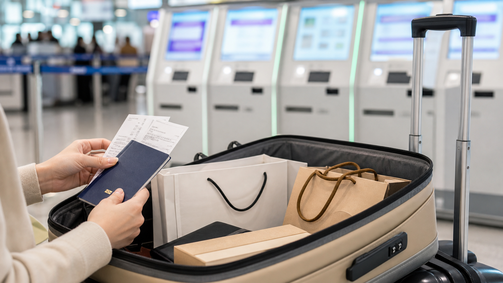 A traveler organizes passport, receipts, and shopping bags near airport self-service kiosks before departure.