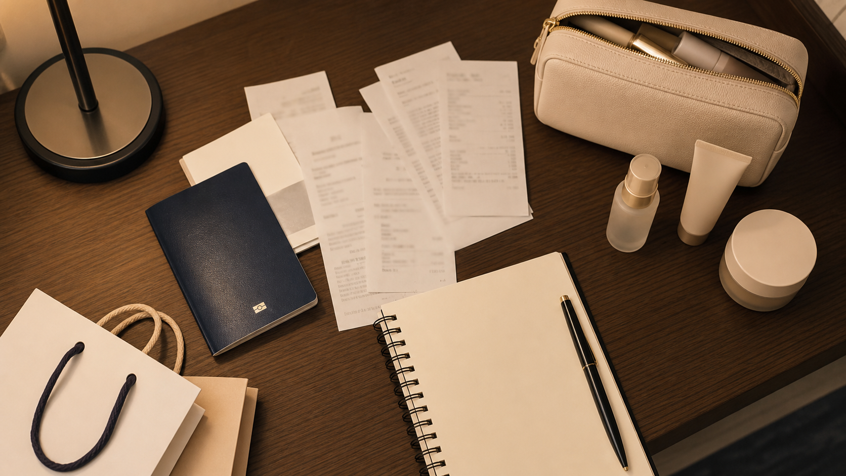 Receipts, passport, skincare products, pouch, and blank checklist organized on a hotel desk after shopping in Korea.