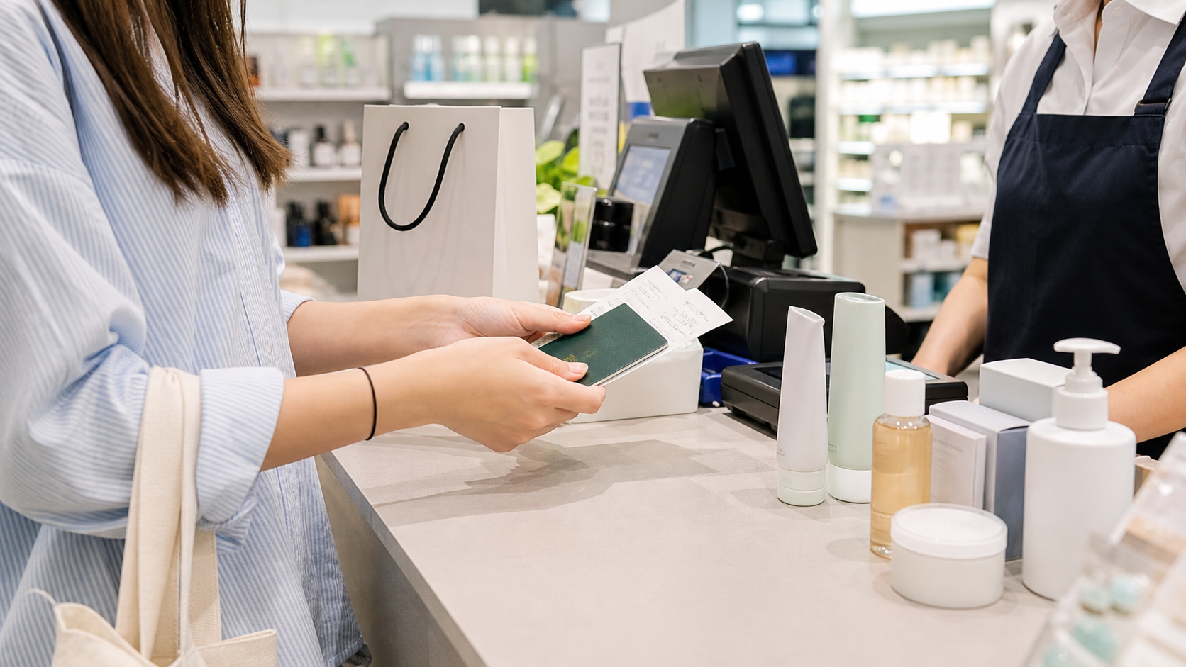 A tourist holds passport and receipts at a Korea beauty-store checkout counter with skincare items nearby.