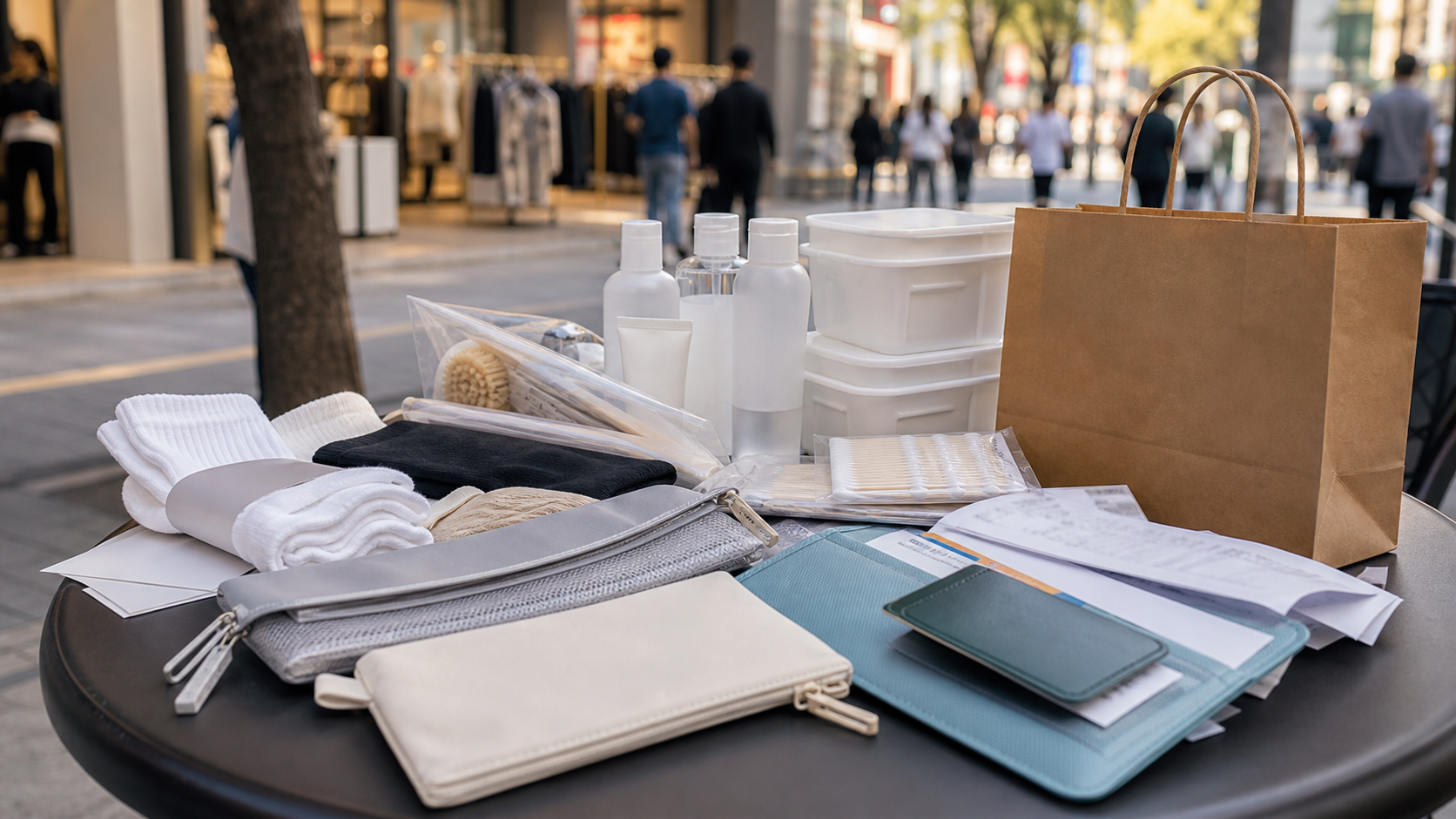 Korea shopping haul with pouches, skincare, socks, receipts, and passport pouch on a cafe table.