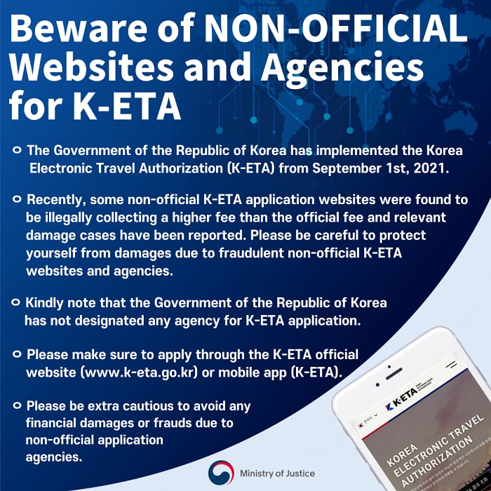 A K-ETA official warning screen explaining non-official websites and agency fee risks.
