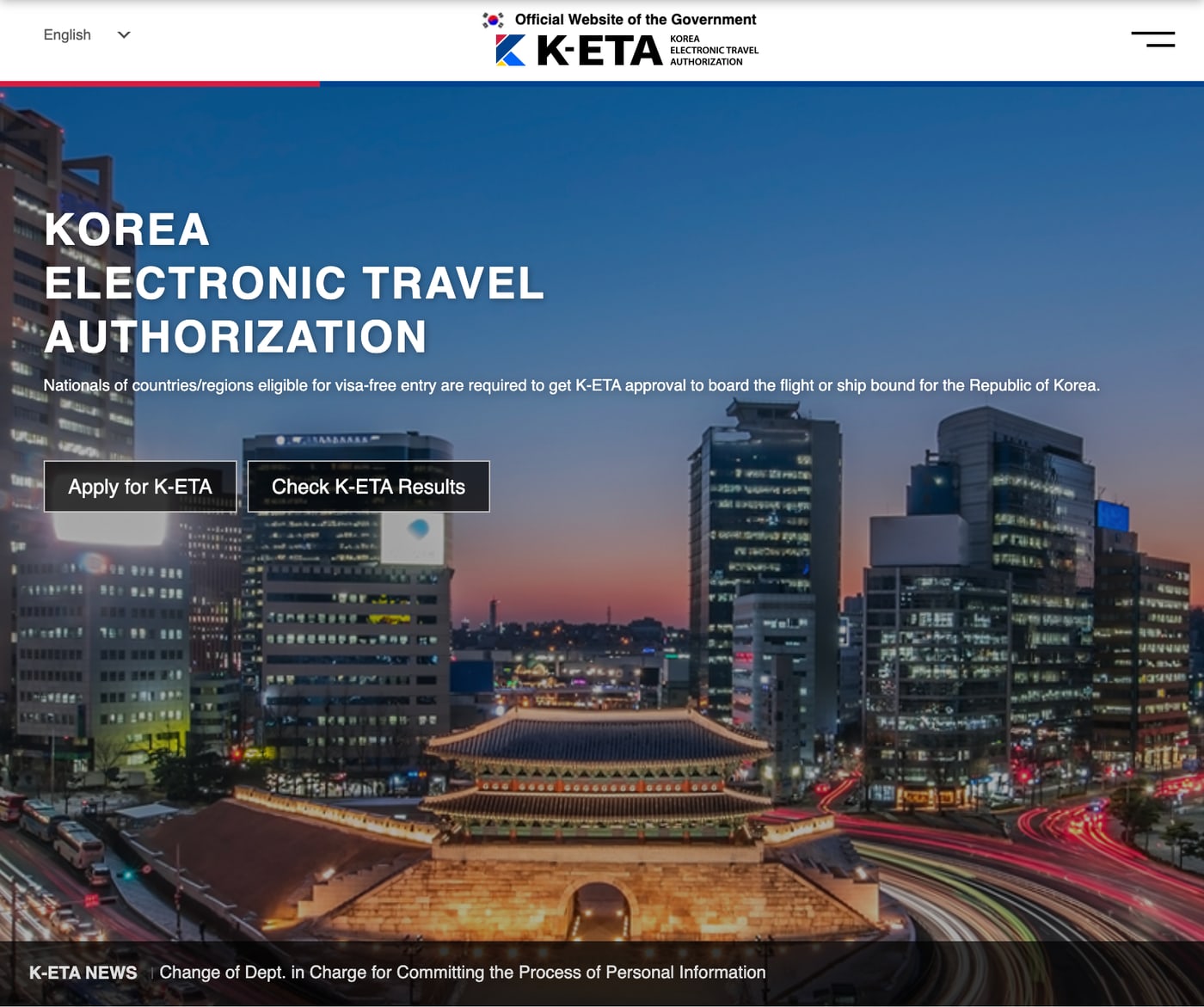 The official K-ETA homepage with Korea Electronic Travel Authorization buttons.
