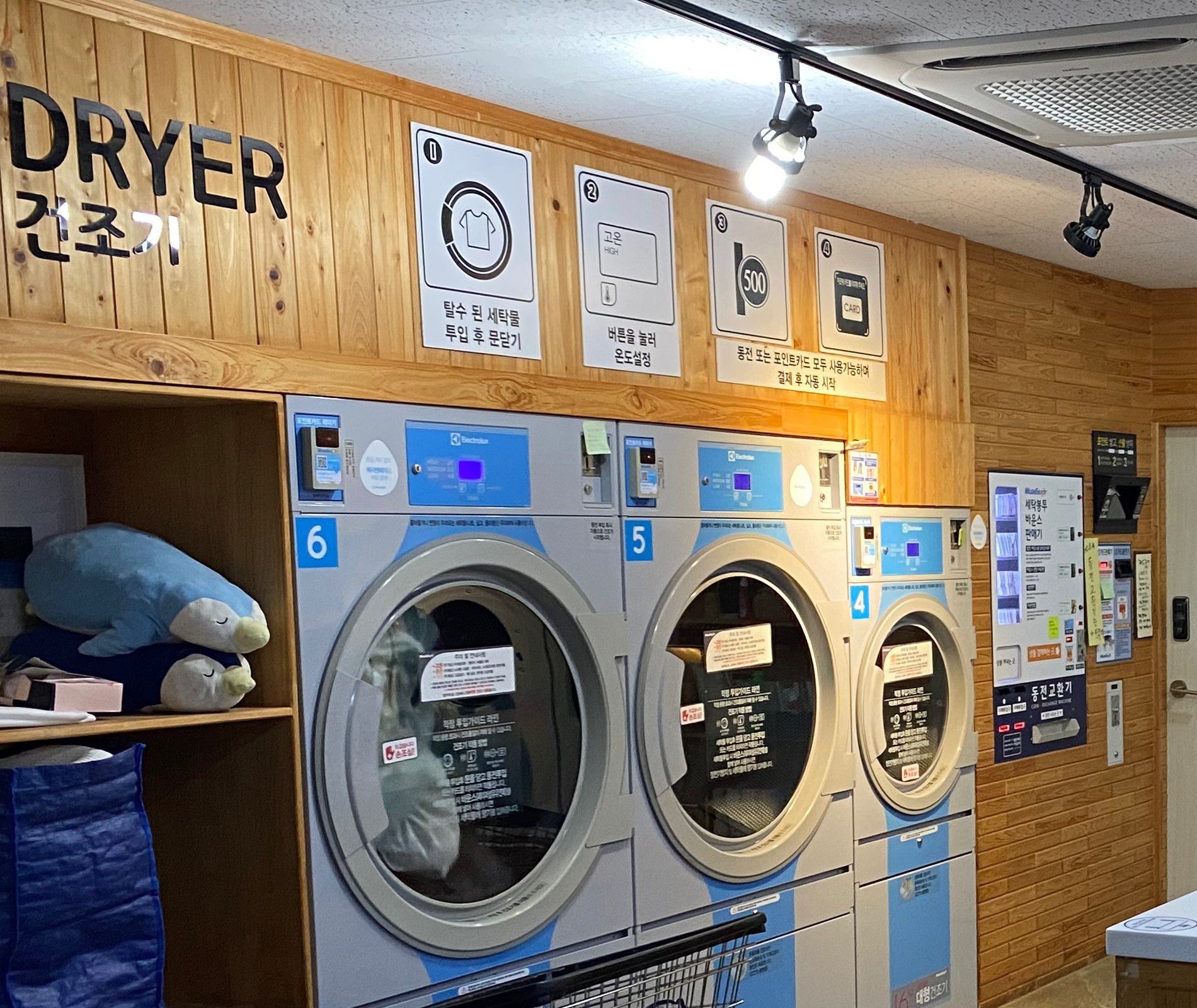 Korean coin laundry dryers with posted drying instructions, coin and card payment signs, and Korean labels.
