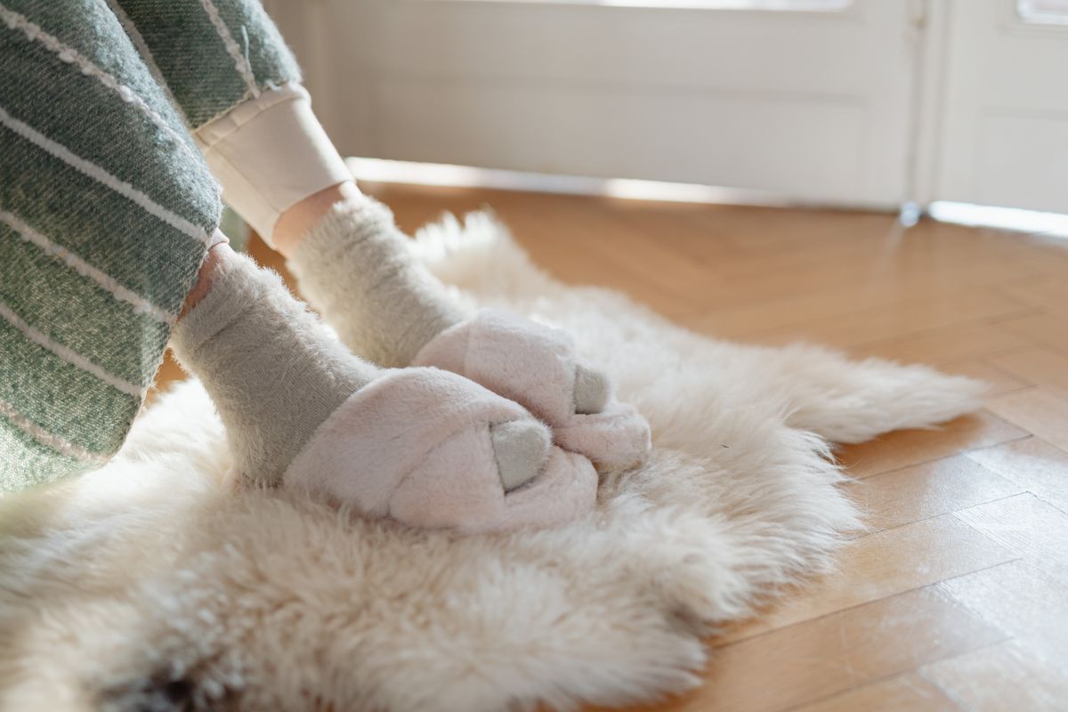 Warm indoor slippers on a home floor.