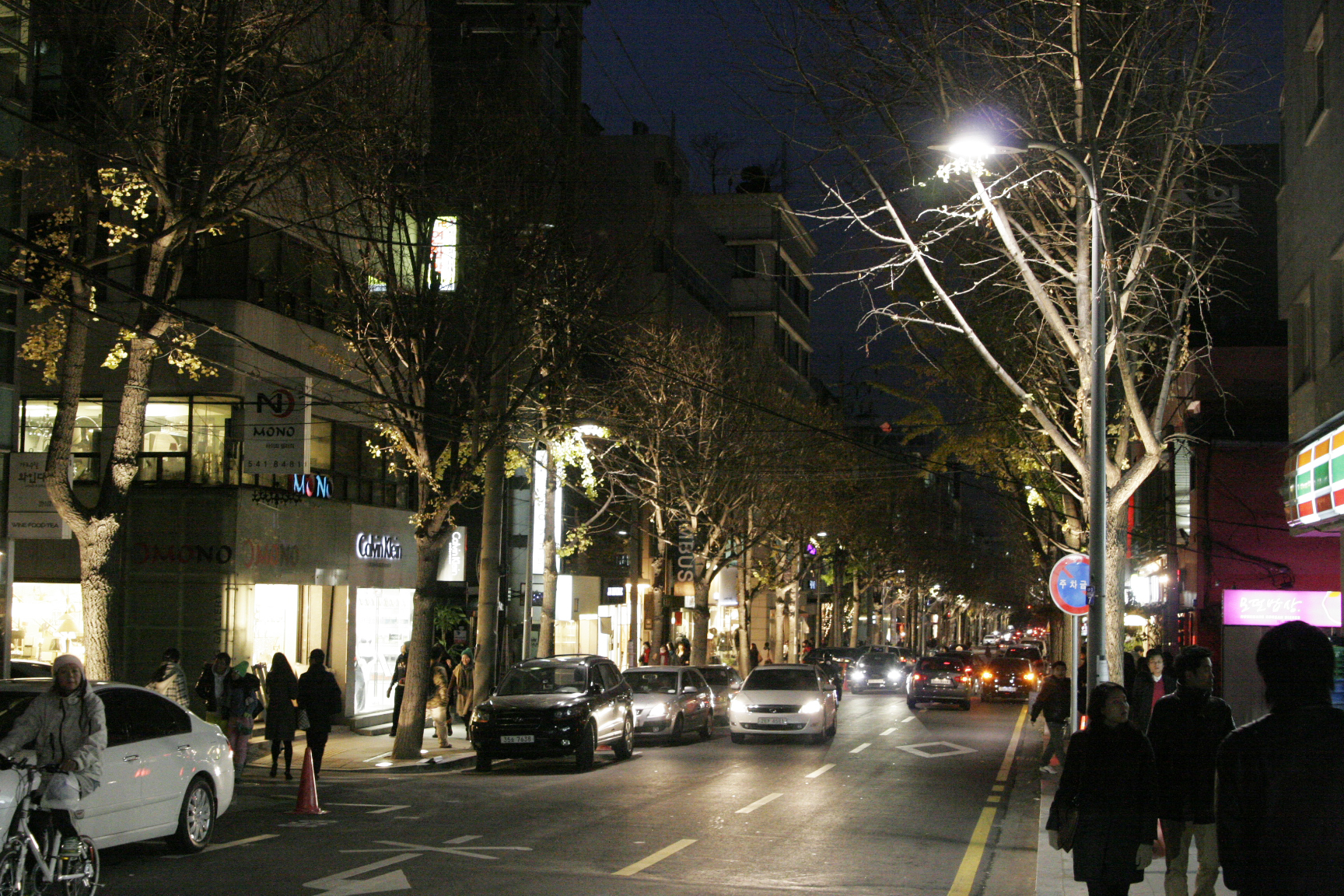 Garosu-gil shopping street at night in Seoul.
