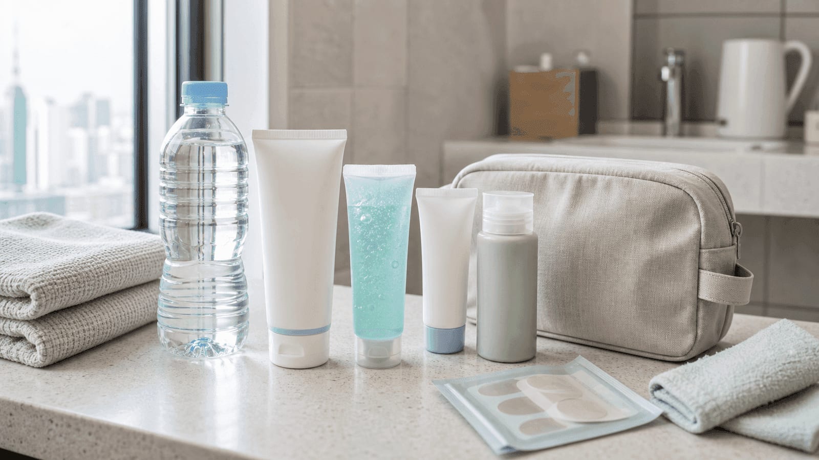 A Korean travel body-care kit with body sunscreen, cooling gel, foot cream, a towel, and a leakproof toiletry pouch.