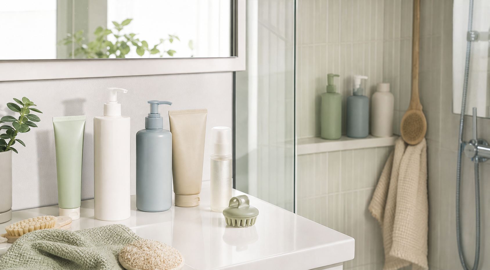A Korean body-care shelf with unbranded shower tools, body lotion, body sunscreen, and neutral skincare bottles.