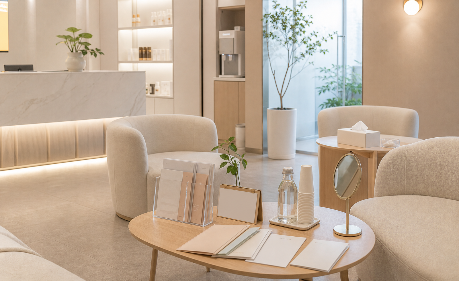 A calm Seoul beauty clinic waiting room with blank consultation folders and no procedure imagery.