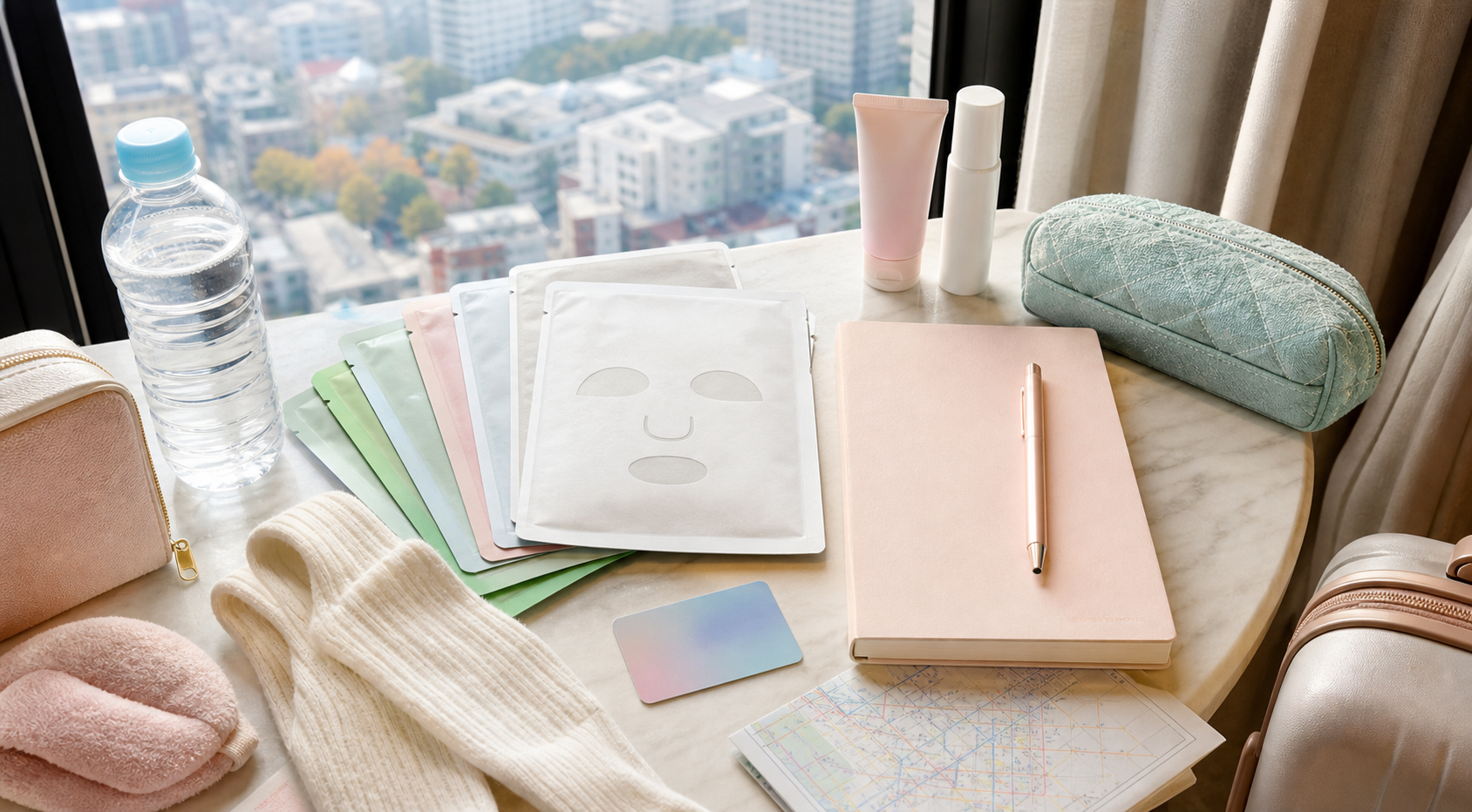 A Seoul hotel desk flatlay with sheet masks, sunscreen, socks, water, travel pouch, and a recovery-day plan.