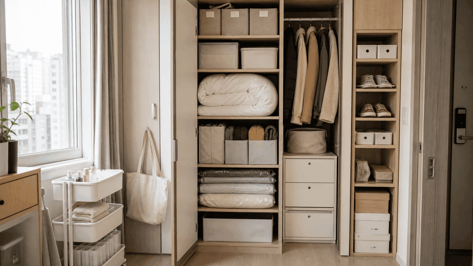 A compact Korean apartment storage corner with folded bedding, narrow shelves, shoes, and small daily-use boxes.