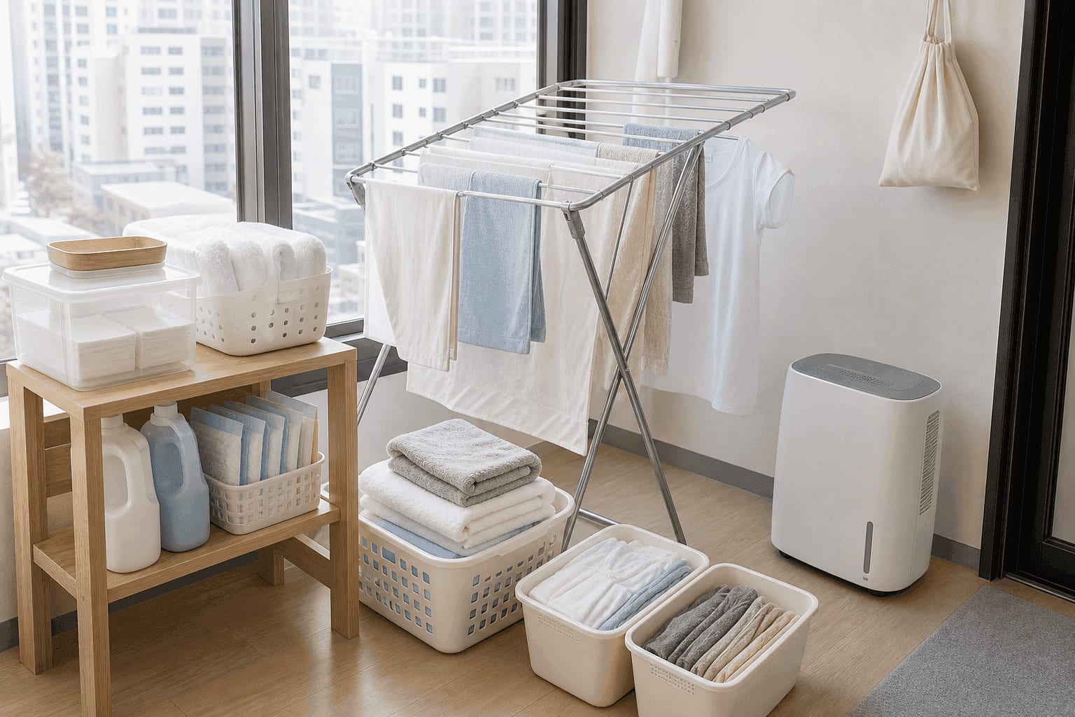 A compact Korean apartment laundry drying setup with foldable rack, baskets, dehumidifier, and towel stack.