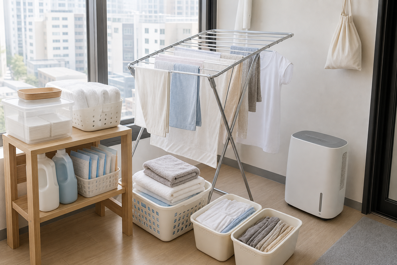 A compact Korean apartment laundry drying setup with foldable rack, baskets, dehumidifier, and towel stack.