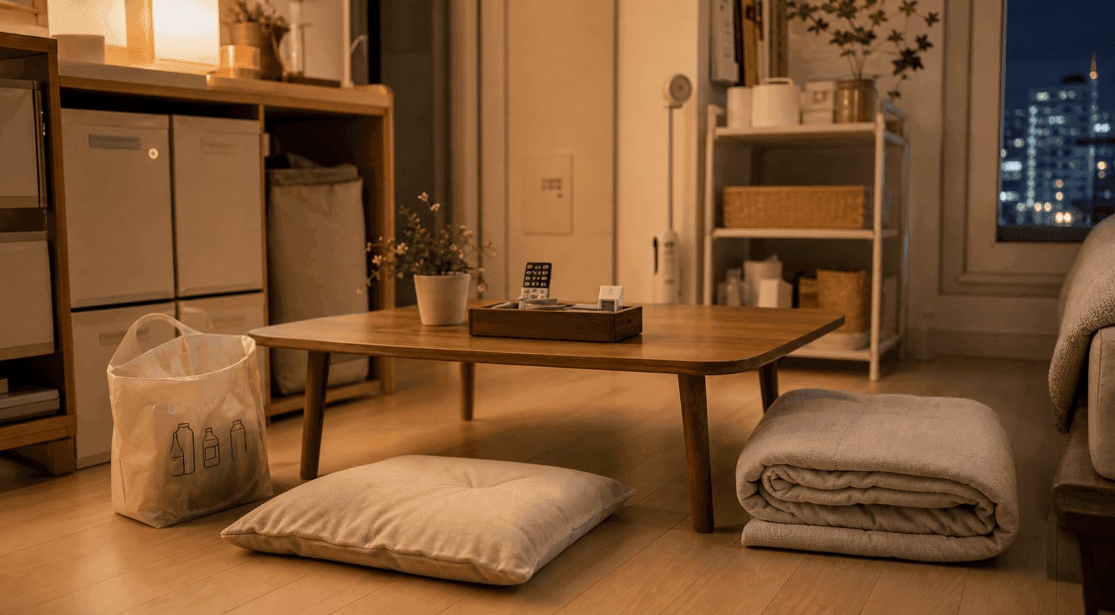 A compact Seoul studio evening reset with a low table, floor cushion, folded blanket, shelves, and tidy charging area.