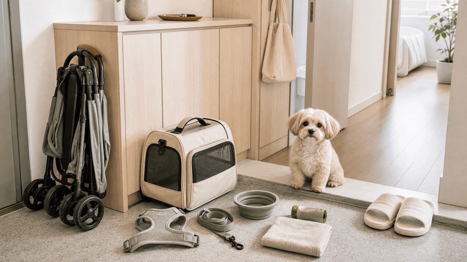 A Korean apartment entryway arranged with a folded pet stroller, carrier, leash, bowl, towel, and slippers.