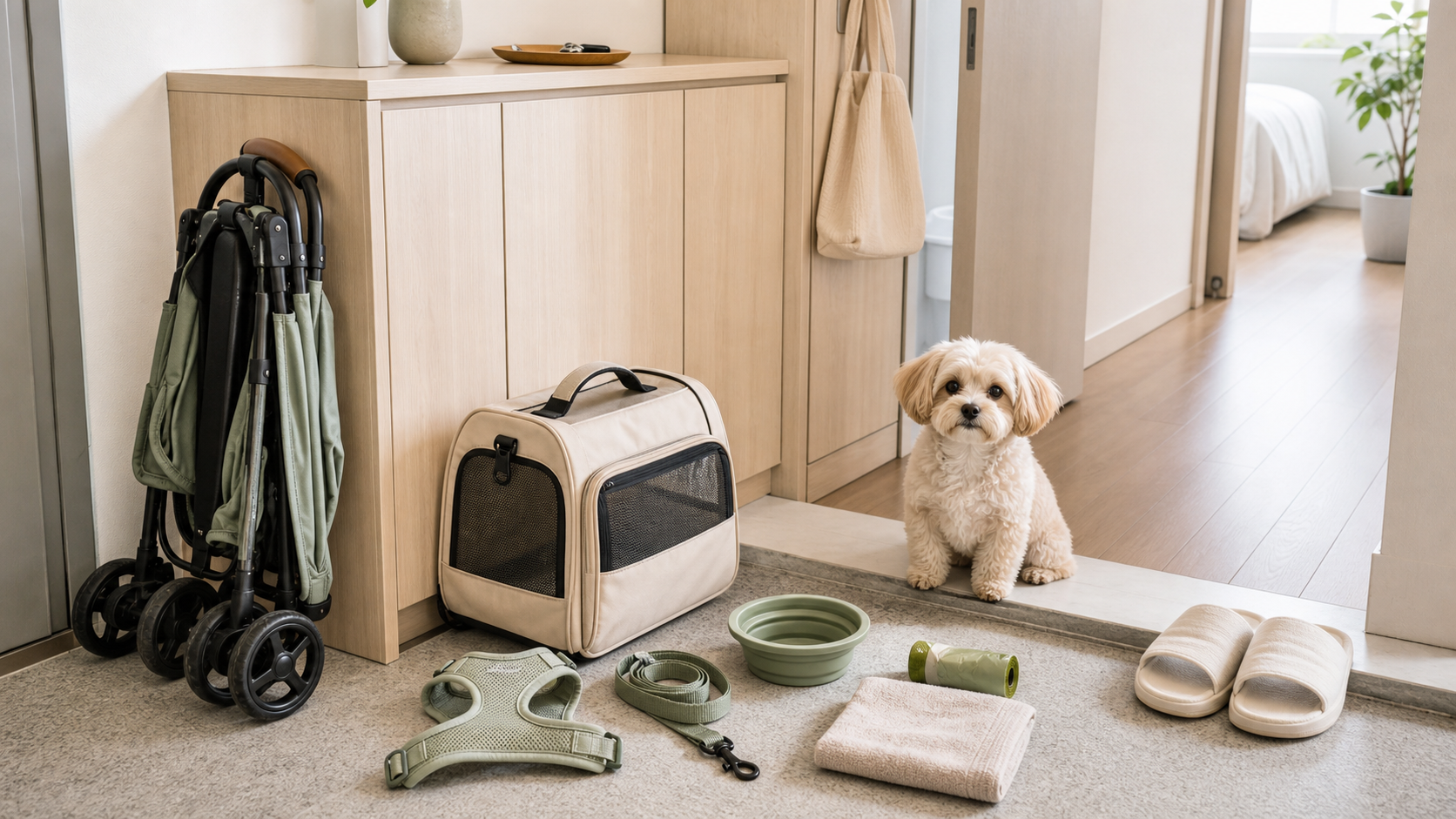 A Korean apartment entryway arranged with a folded pet stroller, carrier, leash, bowl, towel, and slippers.