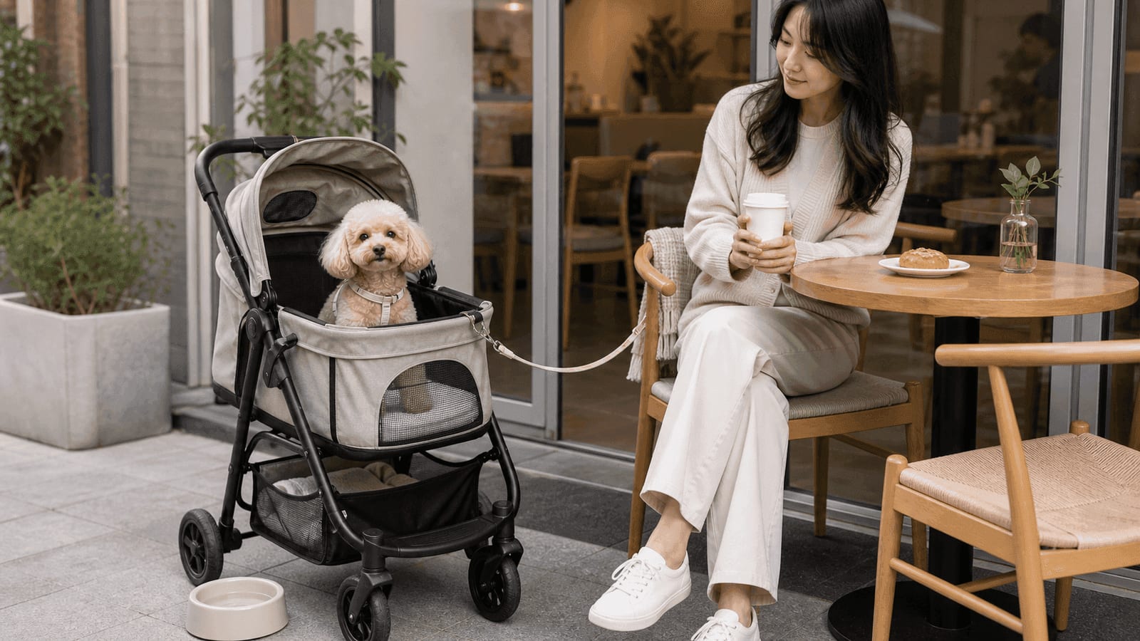 A small dog sitting calmly in a stroller beside a table at a Seoul pet-friendly cafe.
