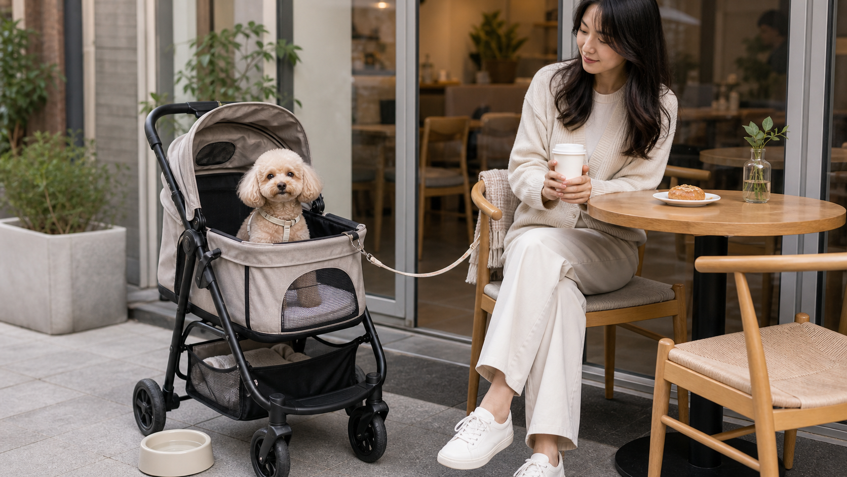 A small dog sitting calmly in a stroller beside a table at a Seoul pet-friendly cafe.
