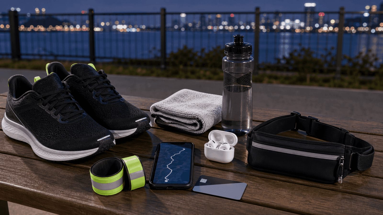 A practical Seoul night-run gear flatlay with running shoes, reflective bands, belt, towel, water, and phone.