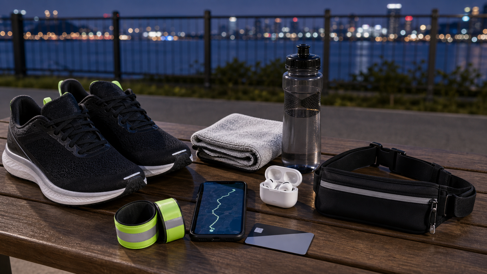 A practical Seoul night-run gear flatlay with running shoes, reflective bands, belt, towel, water, and phone.