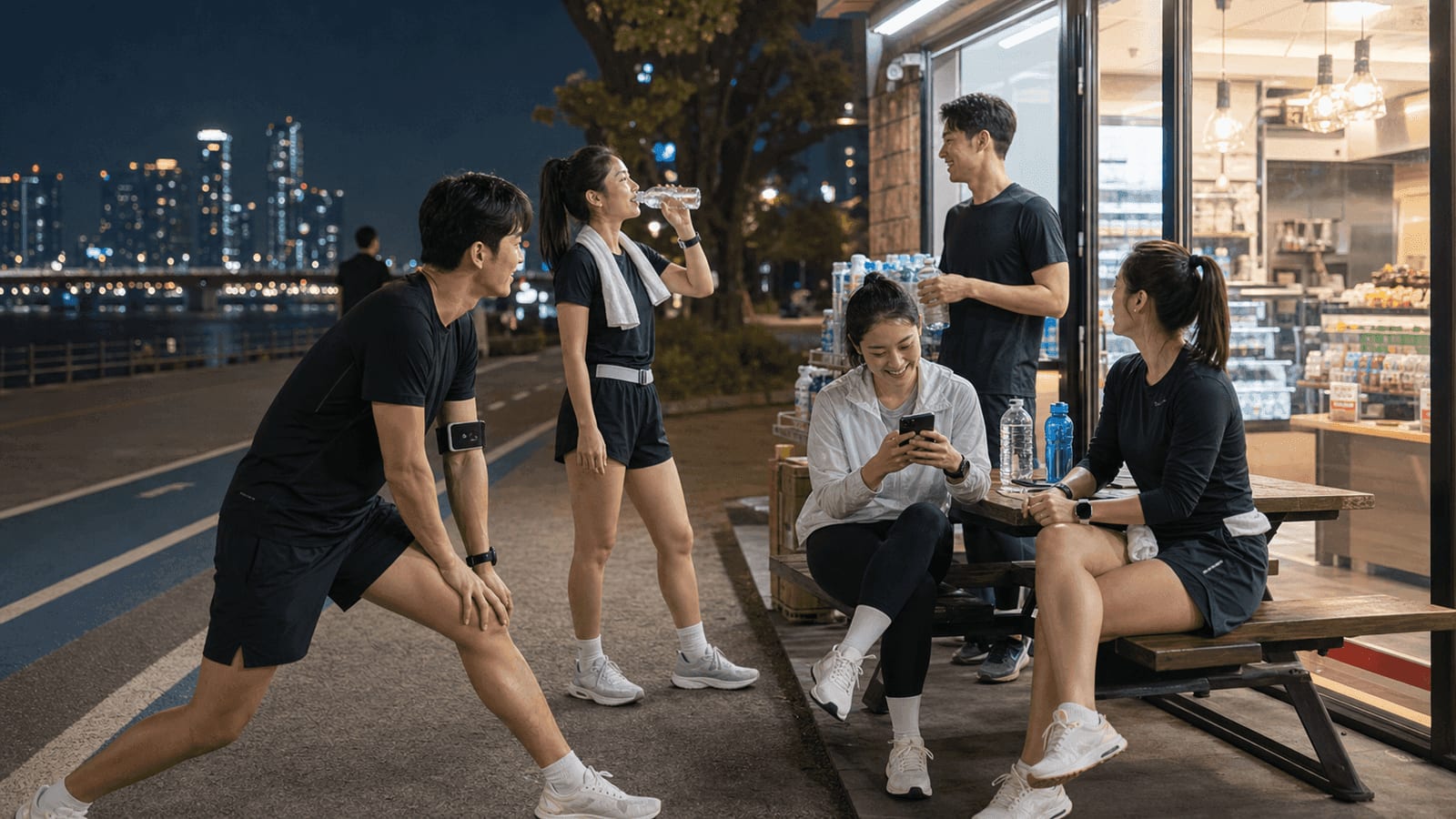 A Seoul running crew cooling down near a riverside convenience-store area after an evening run.