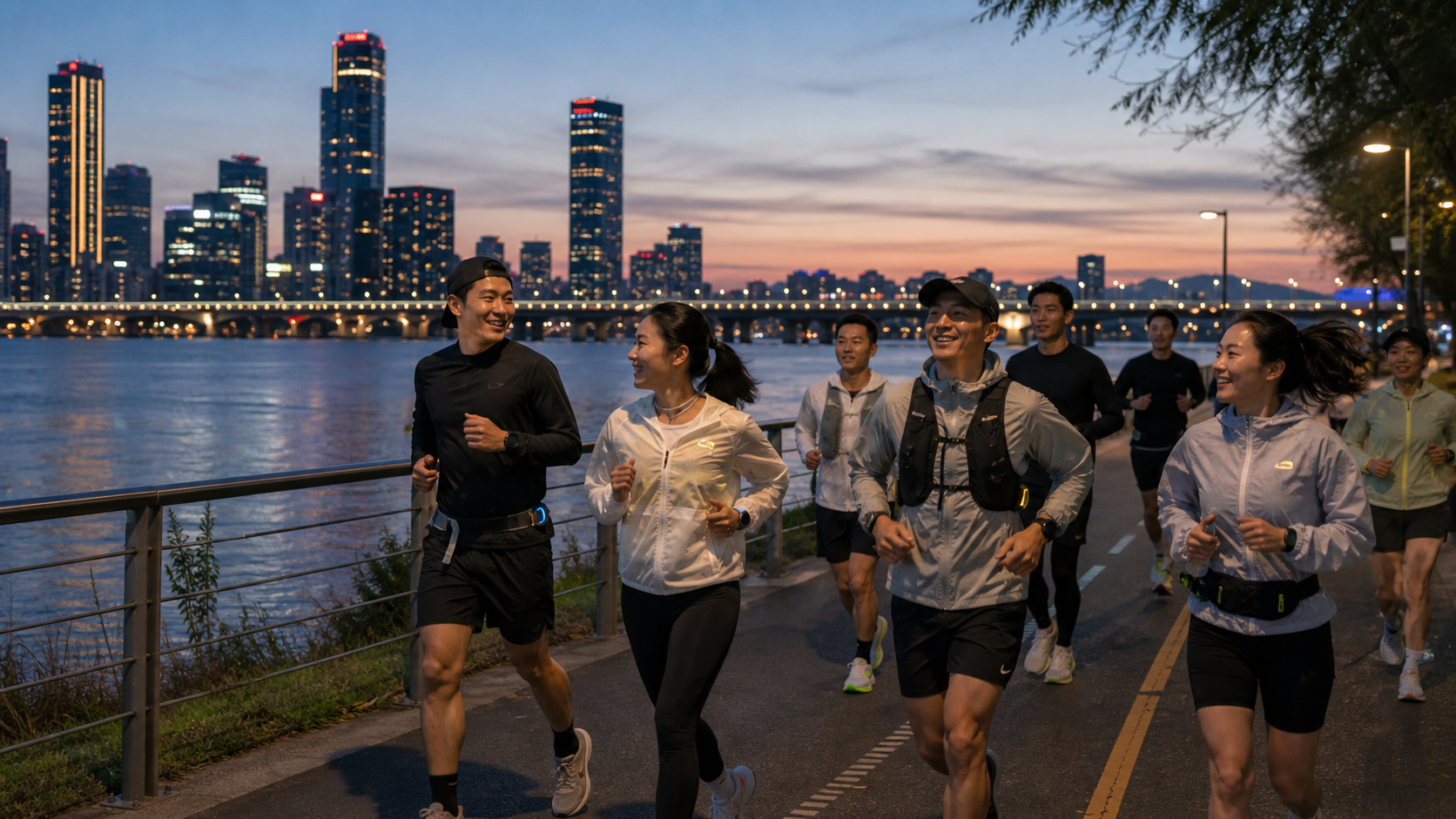 A Seoul running crew jogging along the Han River at dusk with the skyline behind them.