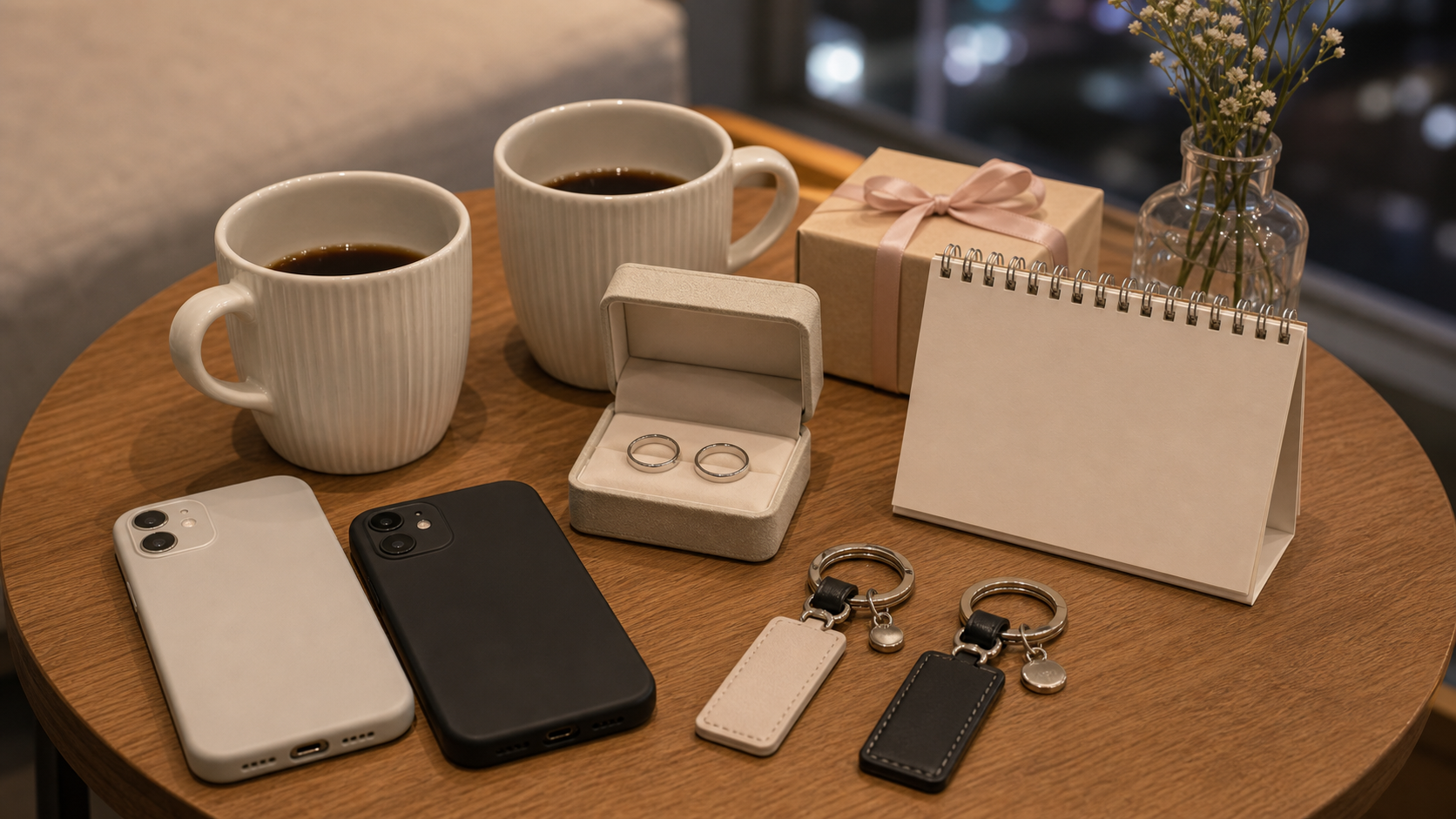 Matching coffee cups, rings, keychains, a small gift, and phones arranged on a table as Korean couple items.