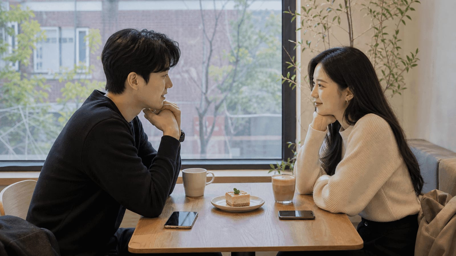 Two Korean adults sitting across from each other at a Seoul cafe on a polite first date.