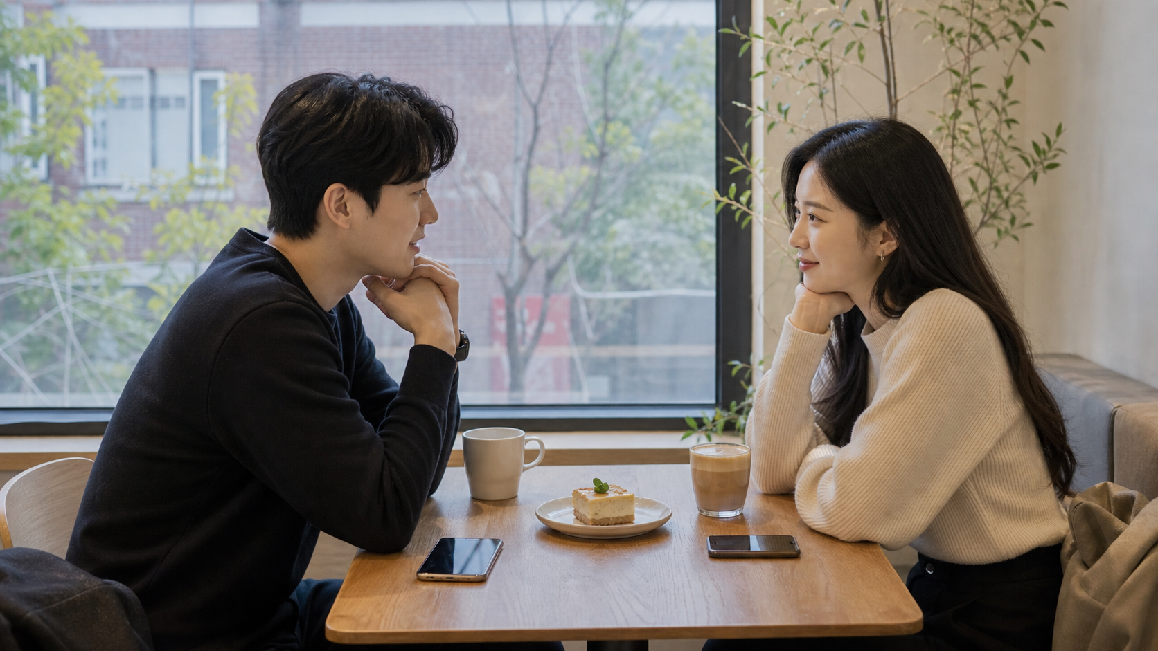 Two Korean adults sitting across from each other at a Seoul cafe on a polite first date.