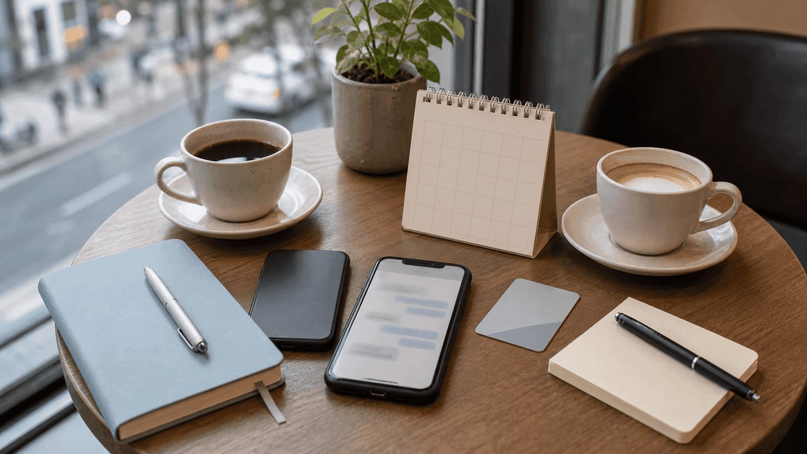A Seoul cafe table with phones, coffee, a notebook, and a blank calendar, suggesting dating-app fatigue and offline planning.