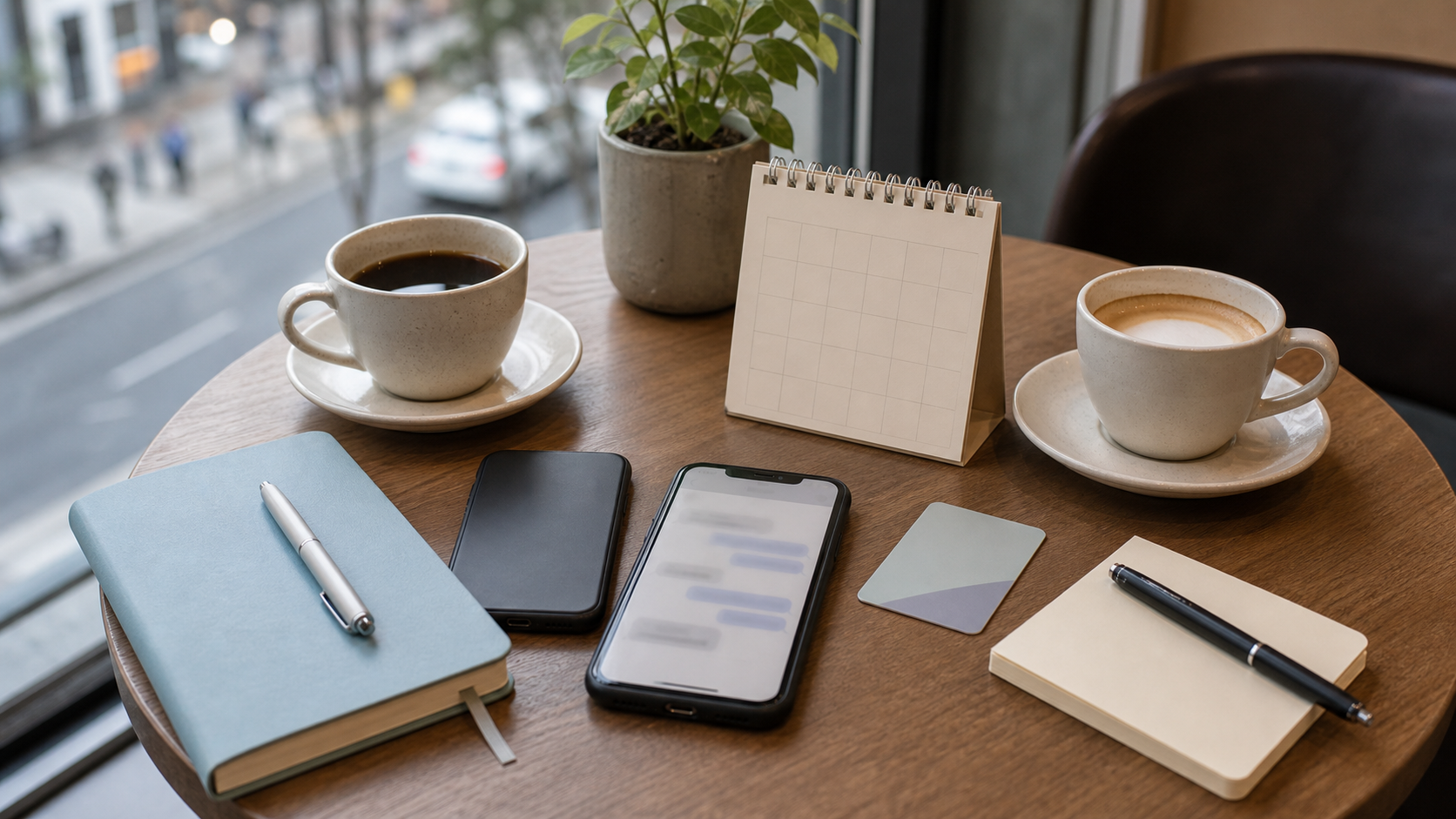 A Seoul cafe table with phones, coffee, a notebook, and a blank calendar, suggesting dating-app fatigue and offline planning.